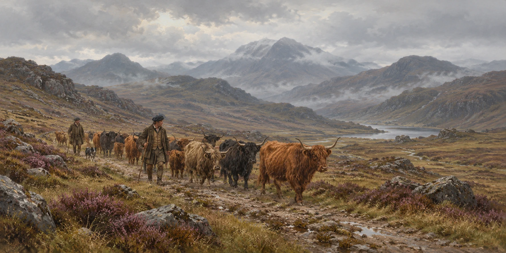 Historical depiction of Highland cattle and Scottish drovers traveling through a rugged mountain glen