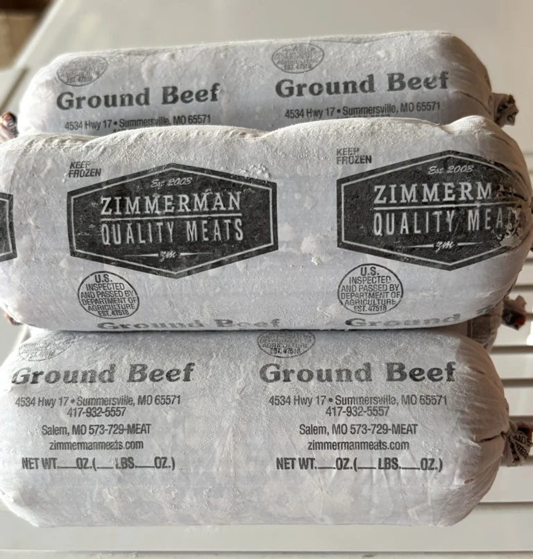 Frozen ground beef packages from Zimmerman's Quality Meats in Summersville, Missouri